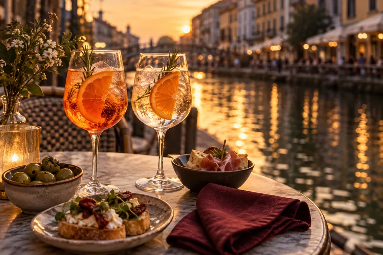 Citrus drinks and savory small plates on a canal-side table at sunset; AI-generated editorial illustration.