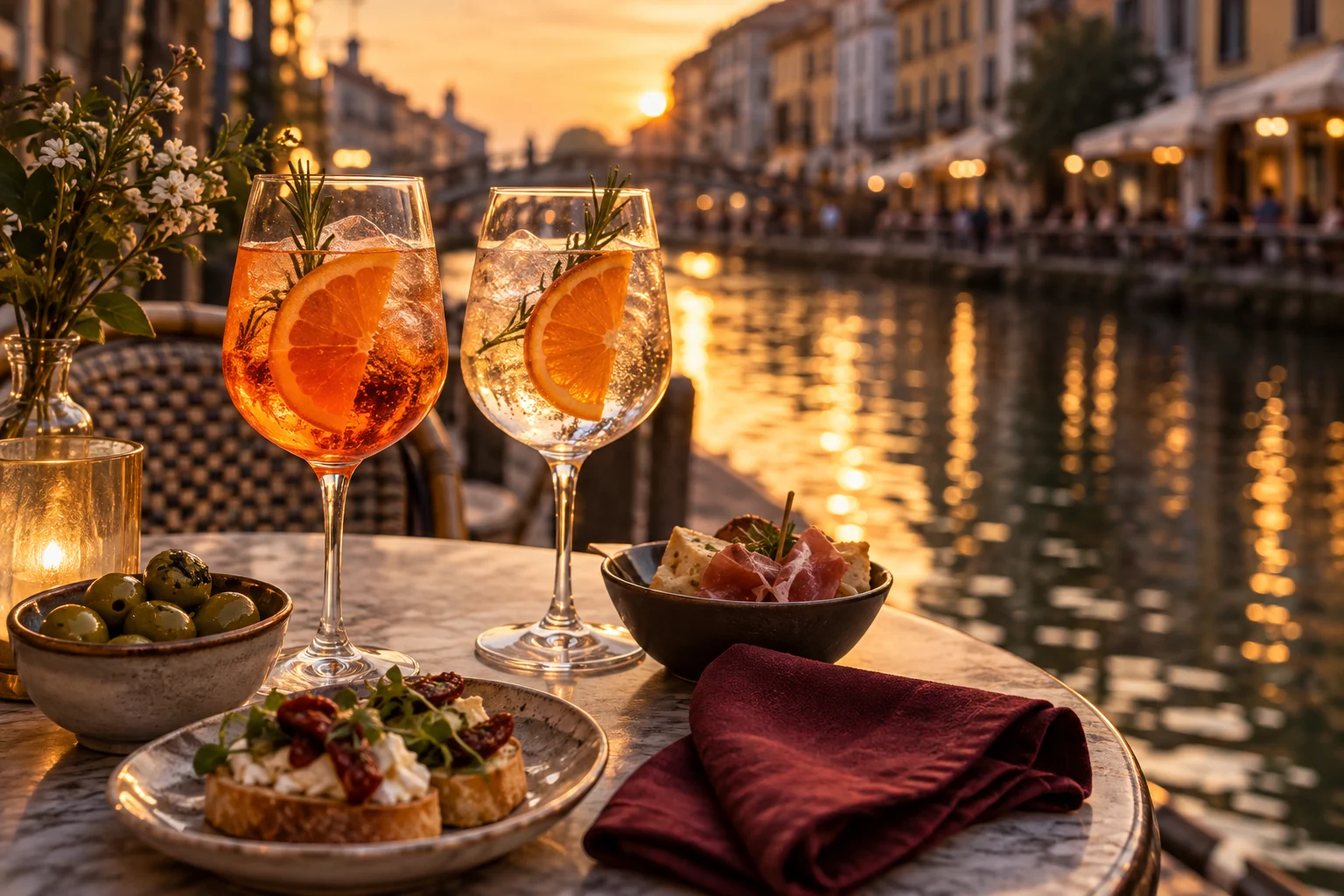 Citrus drinks and savory small plates on a canal-side table at sunset; editorial illustration.