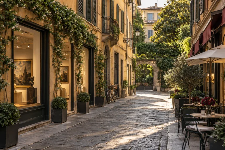 An ochre Brera lane with green shutters, climbing plants and café tables; editorial illustration.