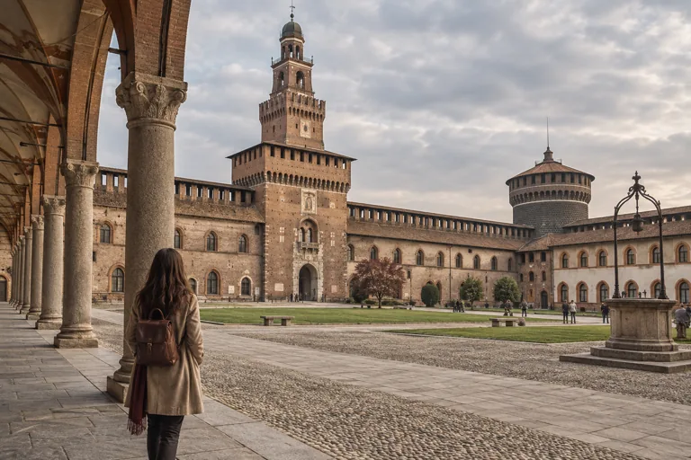 Brick walls and a tall central tower seen across a Sforza Castle-inspired courtyard; editorial illustration.