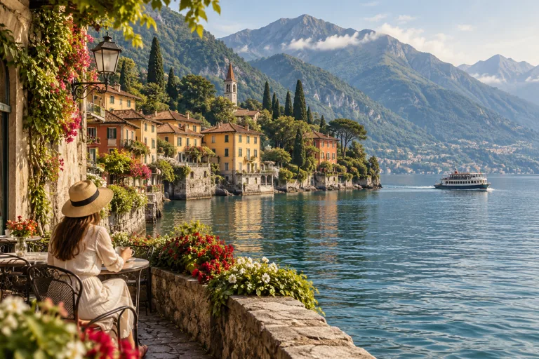 Colorful lakeside houses, wooded mountains and a boat on Lake Como; editorial illustration.
