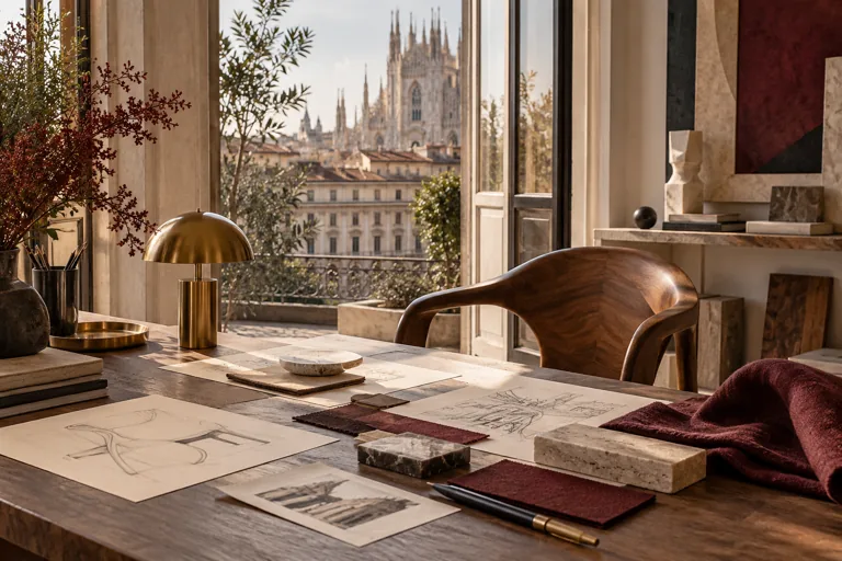 A sculptural wooden chair, brass lamp, sketches and material samples in a Milan studio; editorial illustration.