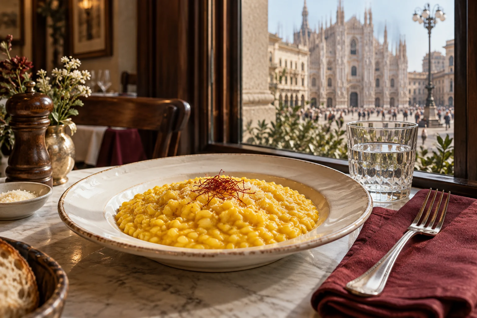 A plate of saffron risotto beside a burgundy napkin, with the Duomo beyond a window; AI-generated editorial illustration.