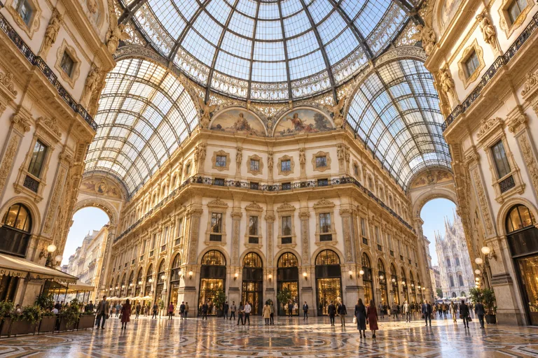The glass dome and ornate arcades of Milan’s Galleria Vittorio Emanuele II; editorial illustration.