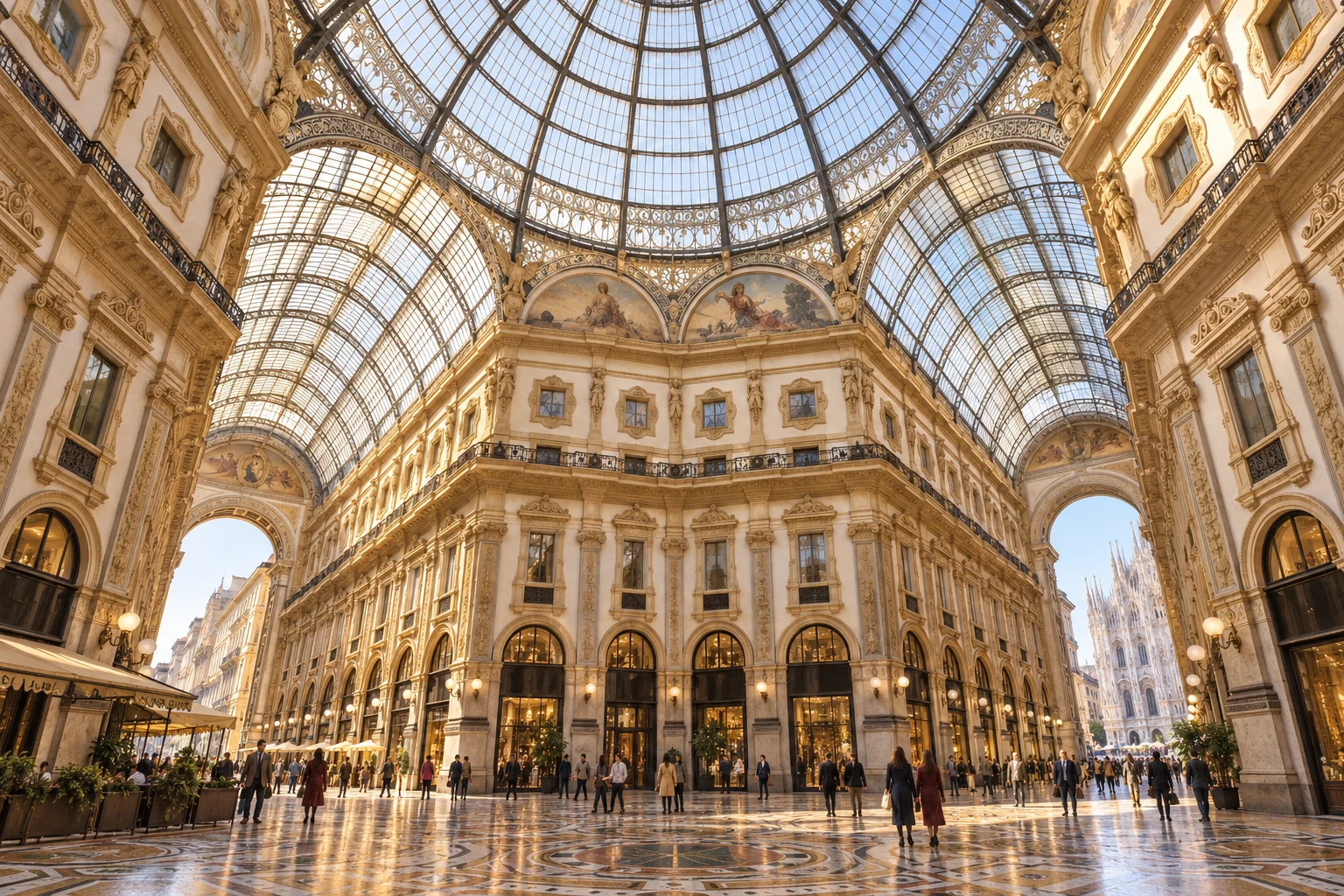 The glass dome and ornate arcades of Milan’s Galleria Vittorio Emanuele II; editorial illustration.