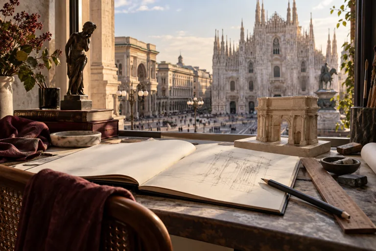 Perspective sketches, drawing tools and a small architectural model beside a Milan window; editorial illustration.