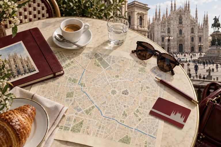 A city map, espresso, notebook and sunglasses on a table overlooking Milan’s cathedral; AI-generated editorial illustration.