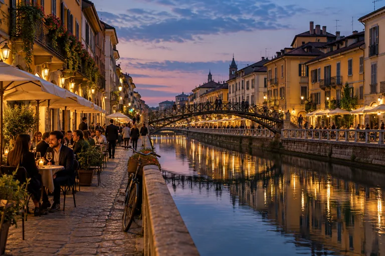 Warm lights reflected in a Milan canal at dusk beside busy café terraces; editorial illustration.