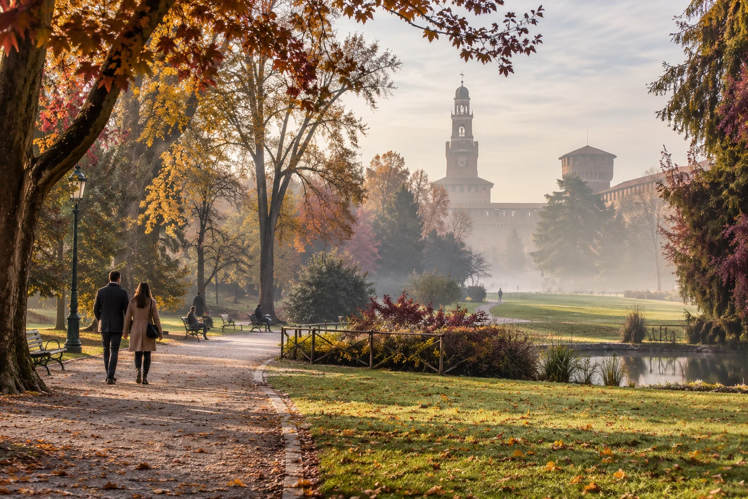 Autumn trees and a curving path in a Milan park with a castle-like tower beyond; editorial illustration.