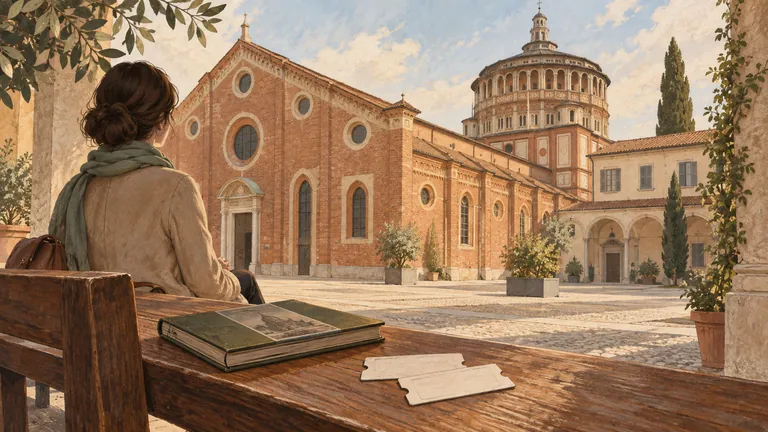 A visitor beside a guidebook and blank admission cards, facing Renaissance church architecture in Milan; interpretive editorial illustration.