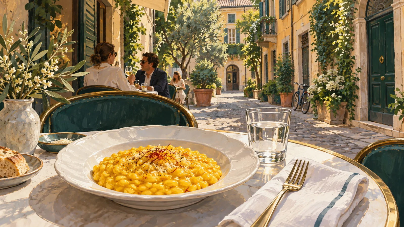 A plate of golden saffron risotto beside a glass of water on a leafy Milan street terrace; editorial illustration.