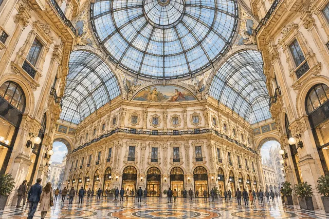 Interpretive architectural illustration looking up at the glass-and-iron dome and cream facades of Milan’s Galleria Vittorio Emanuele II.