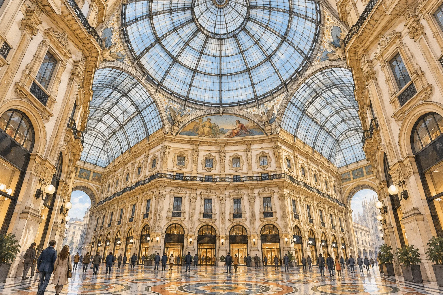 Interpretive architectural illustration looking up at the glass-and-iron dome and cream facades of Milan’s Galleria Vittorio Emanuele II.