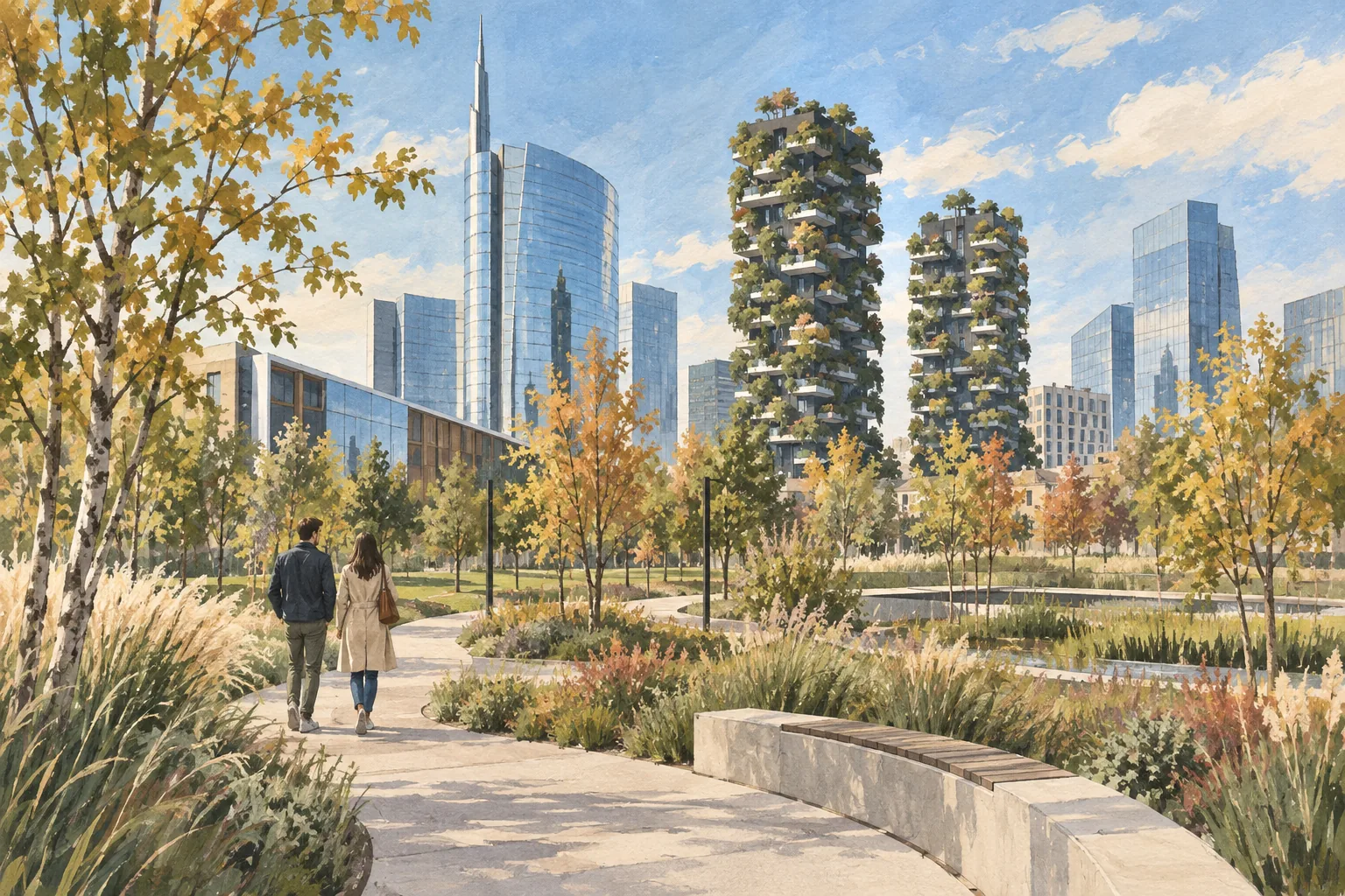 Interpretive gouache illustration of walkers among autumn trees and grasses beneath contemporary towers in Milan’s Porta Nuova area.
