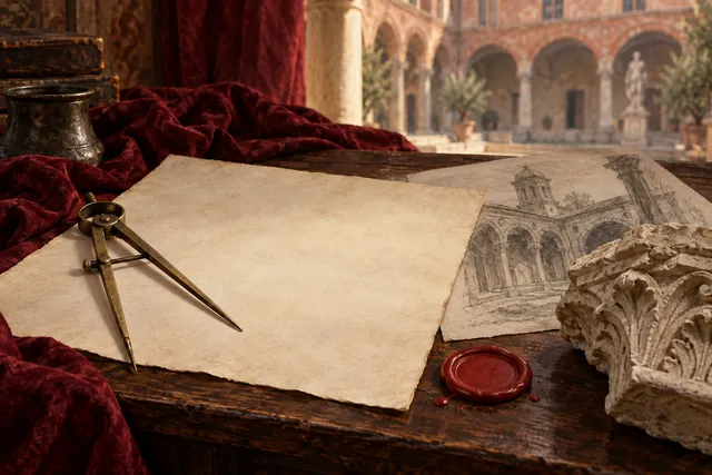 Conceptual illustration of parchment, a drawing compass, a wax seal and a stone fragment beside an imagined Renaissance courtyard.