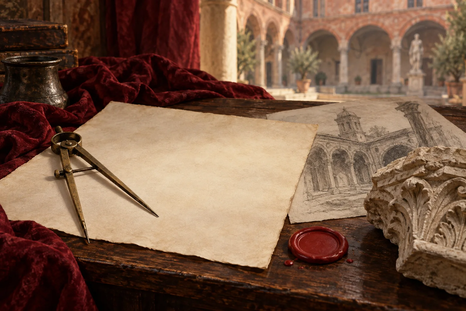 Conceptual illustration of parchment, a drawing compass, a wax seal and a stone fragment beside an imagined Renaissance courtyard.