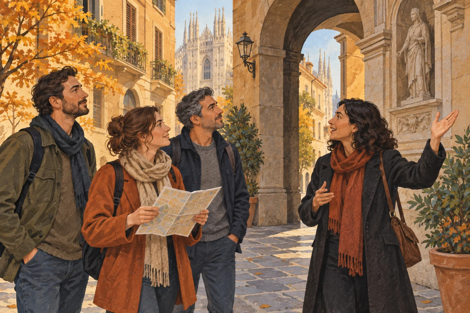 Interpretive illustration of visitors listening to a guide beside an archway in a Milan-inspired street.