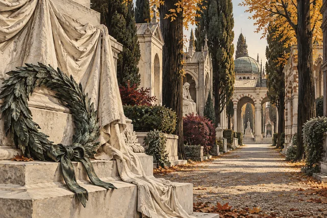 Conceptual illustration of carved stone drapery and a bronze laurel beside an imagined tree-lined memorial path and eclectic arcades.