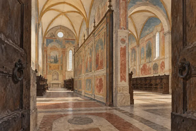Interpretive architectural illustration of two painted church halls, a dividing wall and wooden choir benches, inspired by San Maurizio’s spatial arrangement.