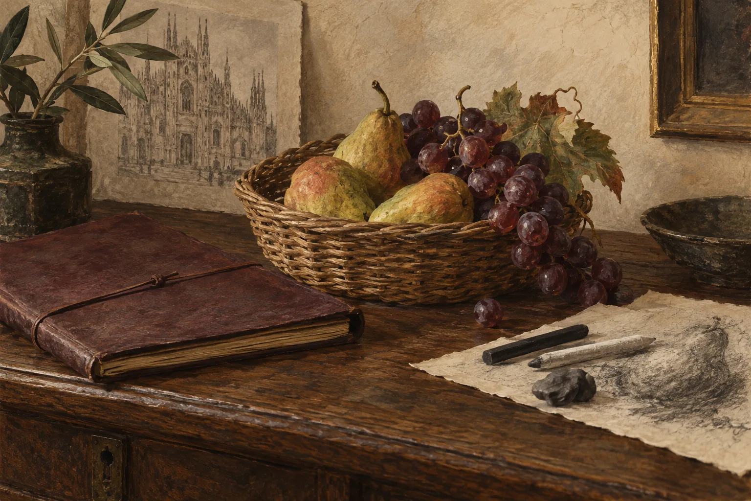 Editorial still-life illustration of fruit, a closed folio and drawing tools on a wooden desk.