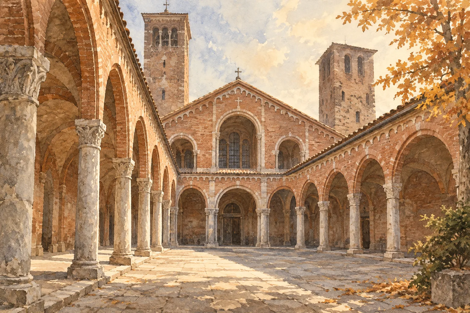 Interpretive watercolor of a red-brick Romanesque arcade and two towers inspired by Sant’Ambrogio in Milan.