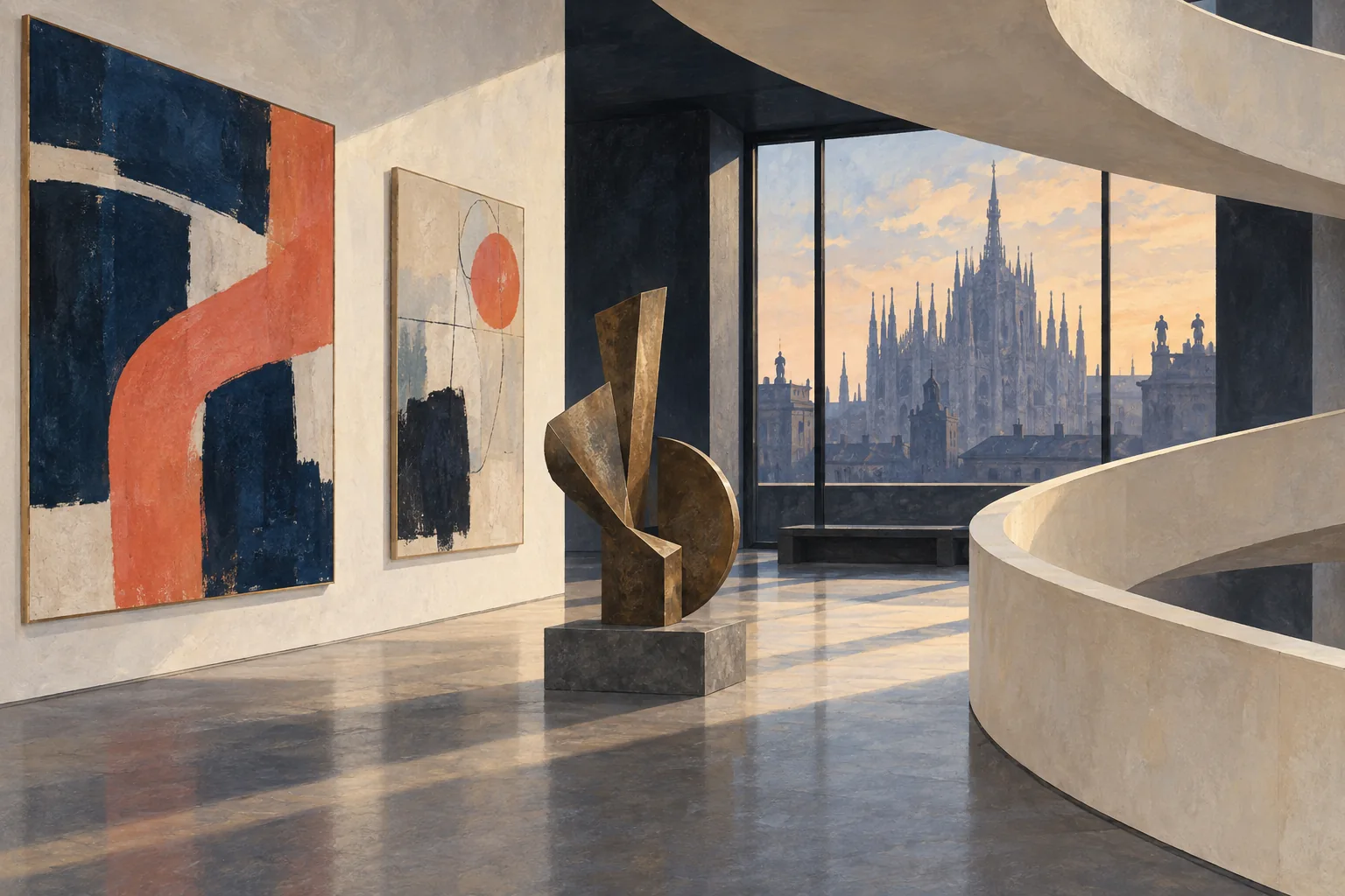 Interpretive illustration of a modern art gallery, curved ramp and Milan cathedral view, with imagined abstract artworks.