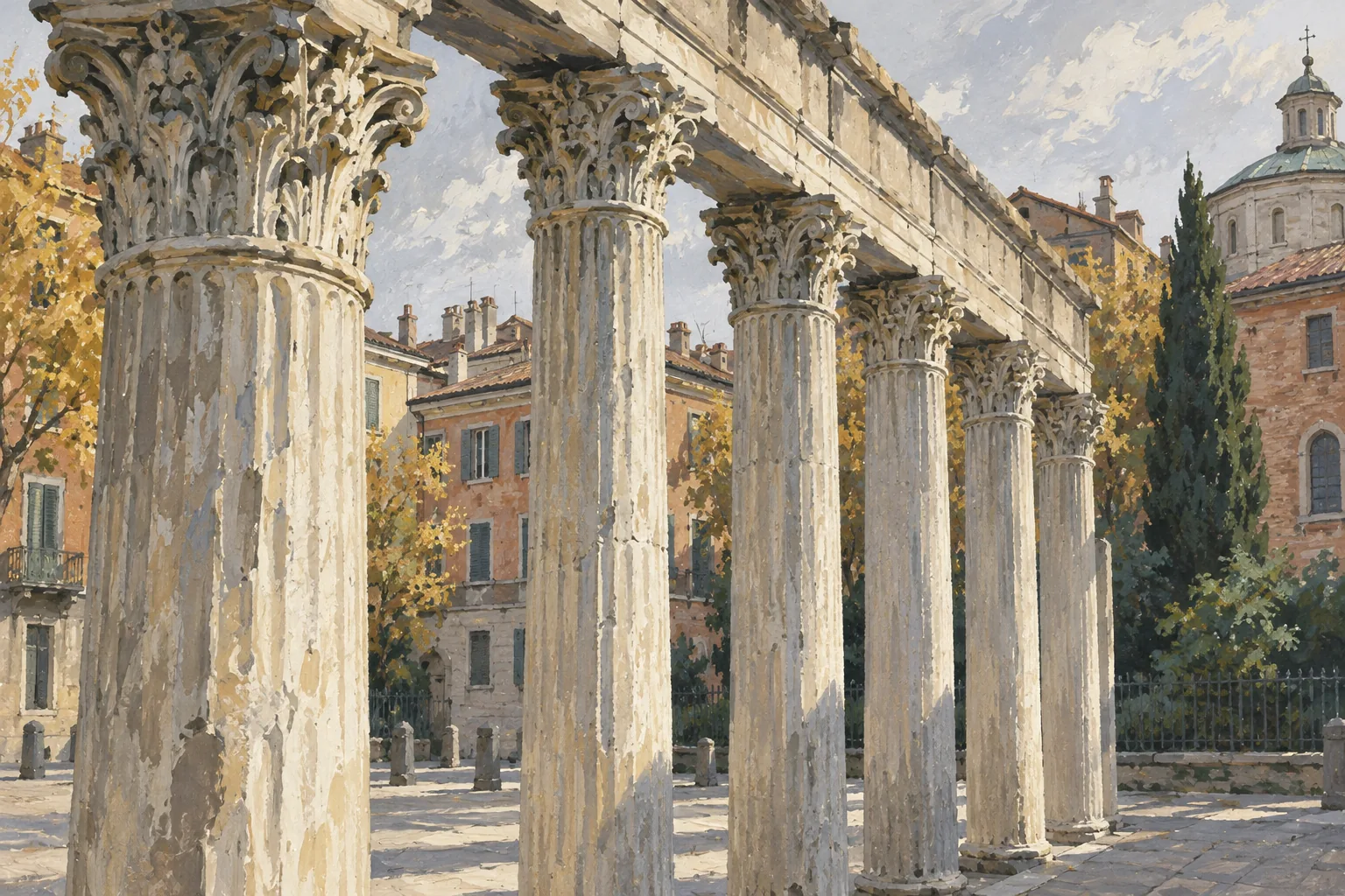 Gouache illustration of weathered Corinthian columns and soft urban light inspired by Milan’s San Lorenzo colonnade.