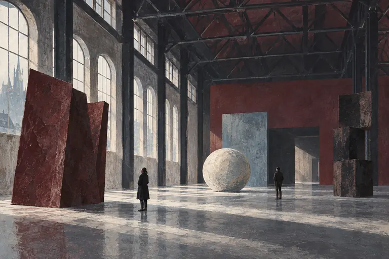 Editorial illustration of a large industrial art hall with abstract sculptural forms and visitors, inspired by Milan’s HangarBicocca setting.