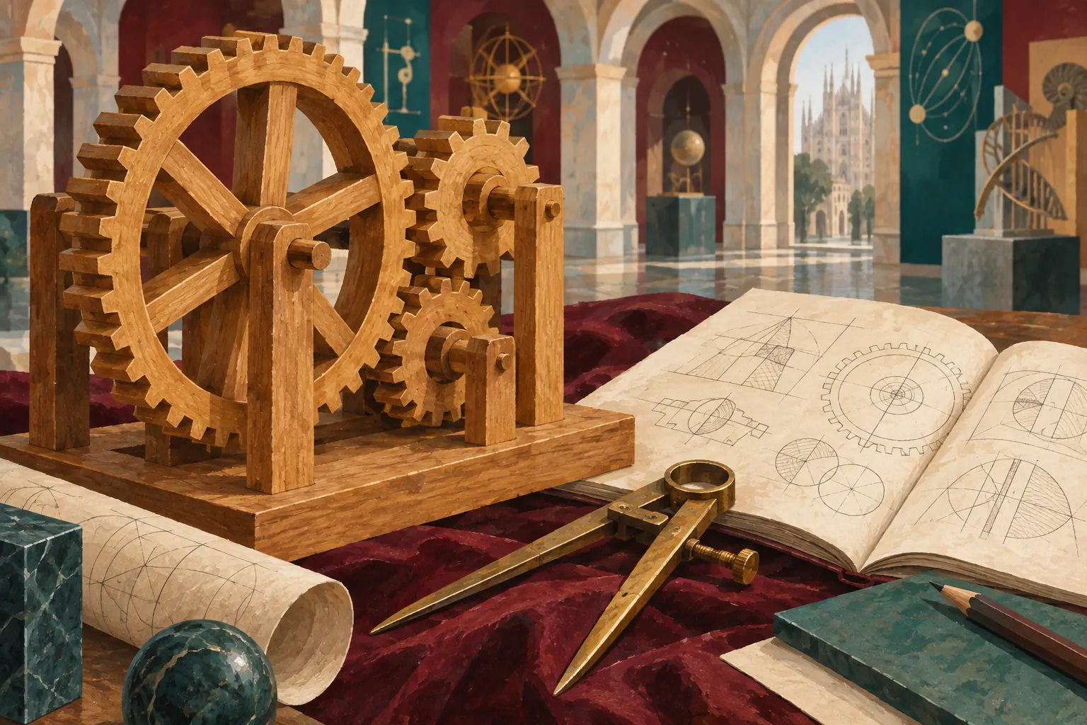 Conceptual illustration of wooden mechanical models, gears, calipers and an engineering notebook inspired by a science museum visit.