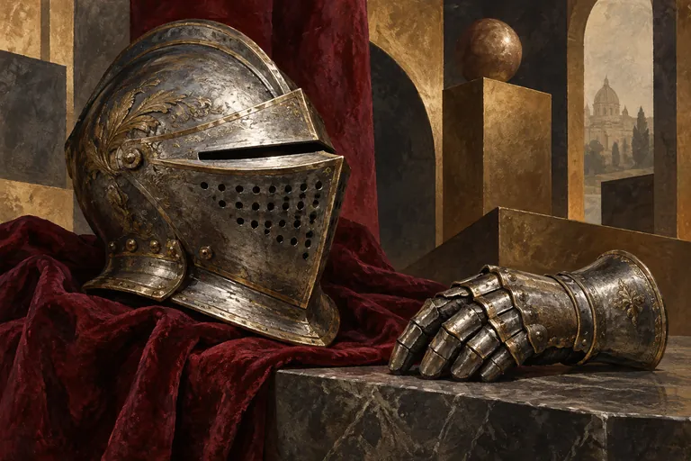 Conceptual illustration of an antique helmet and gauntlet against abstract bronze forms, inspired by an armoury visit.