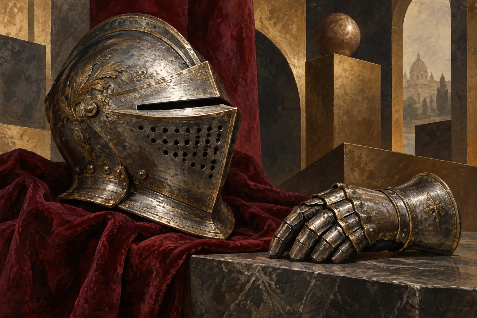 Conceptual illustration of an antique helmet and gauntlet against abstract bronze forms, inspired by an armoury visit.