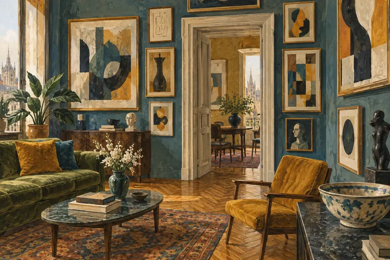 Editorial illustration of a Milan apartment with invented abstract paintings, a ceramic bowl and warm parquet flooring.