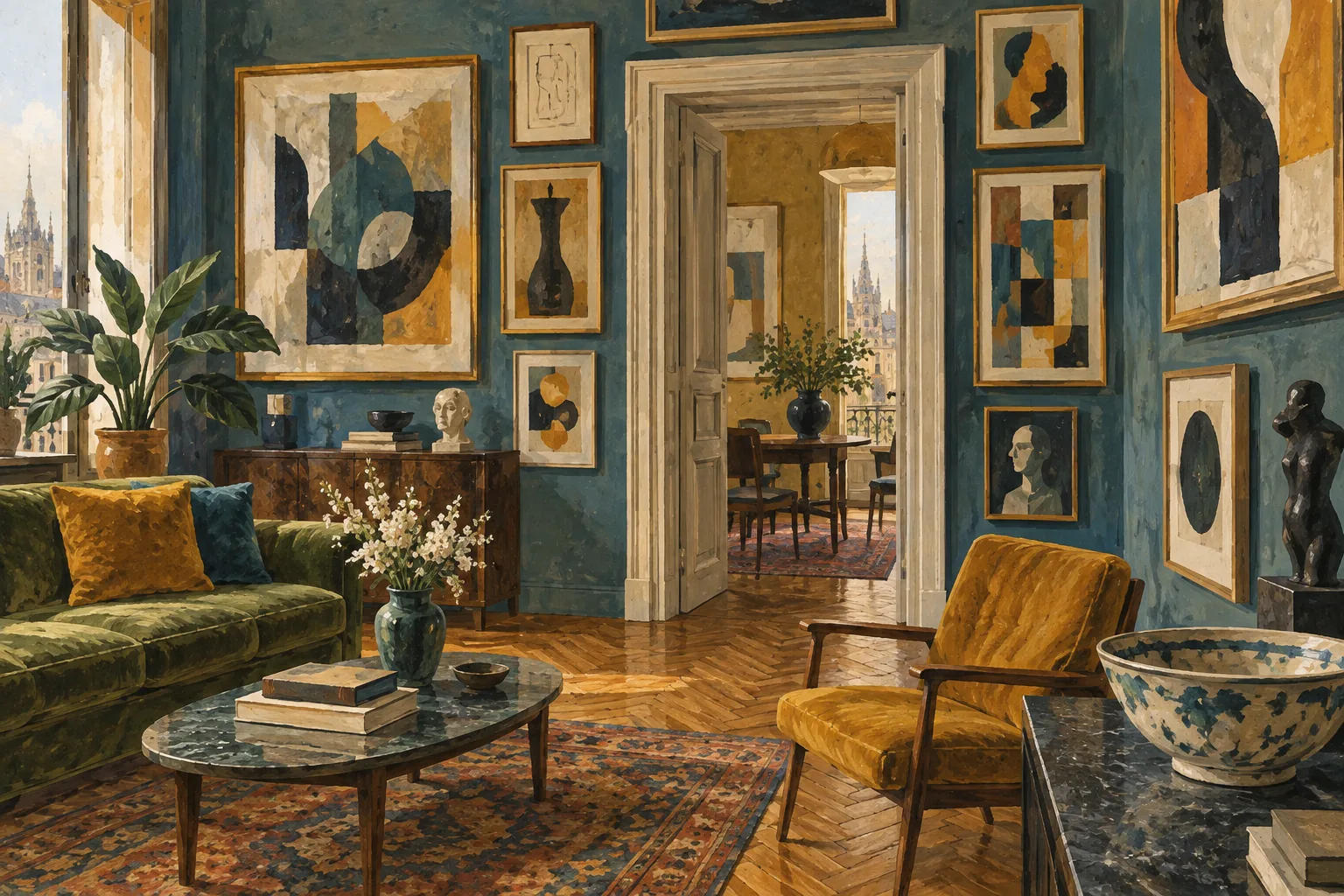 Editorial illustration of a Milan apartment with invented abstract paintings, a ceramic bowl and warm parquet flooring.