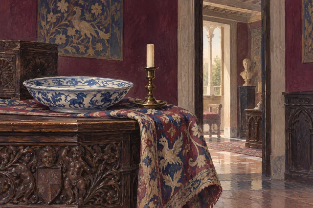 Conceptual gouache still life of carved wood, a ceramic dish and patterned cloth, suggesting Renaissance-revival collecting rather than an actual Bagatti Valsecchi room.