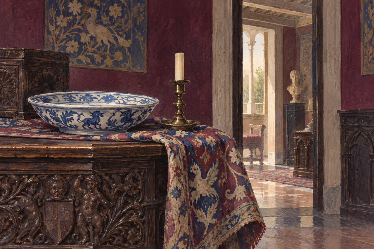 Conceptual gouache still life of carved wood, a ceramic dish and patterned cloth, suggesting Renaissance-revival collecting rather than an actual Bagatti Valsecchi room.