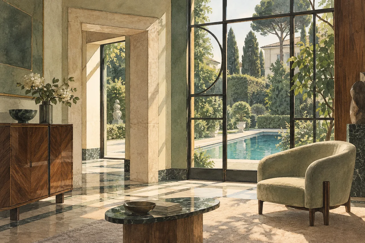Interpretive illustration of geometric windows, walnut furniture and a garden-pool reflection, inspired by 1930s domestic design; not an actual Villa Necchi room.