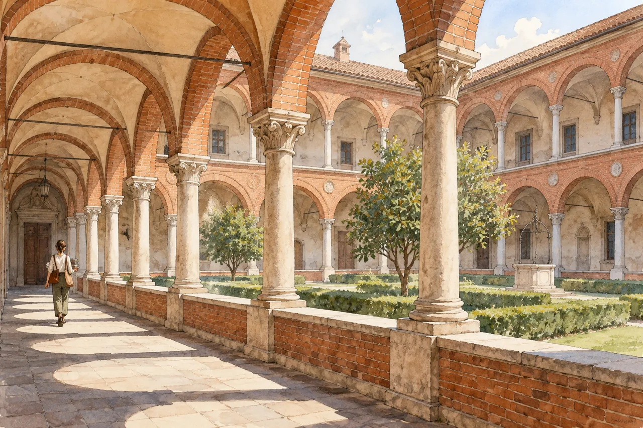 Interpretive watercolour of a brick colonnade, sunlit courtyard and a person carrying books, suggesting university life rather than reproducing the Ca’ Granda exactly.