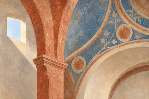 Conceptual tempera illustration of terracotta arches and a blue painted surface, exploring painting and architecture rather than depicting the actual Portinari Chapel.
