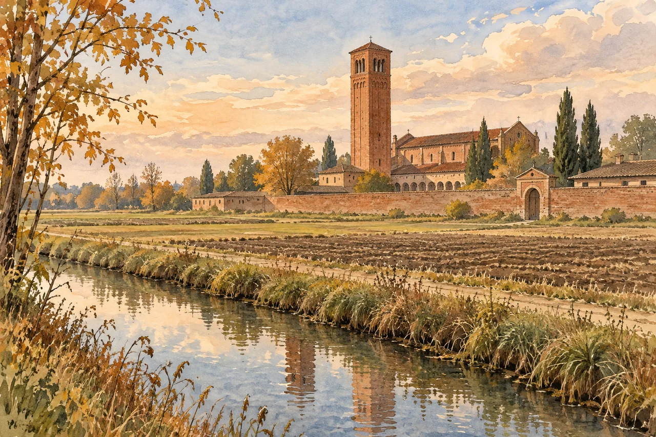 Interpretive watercolour of an imagined brick monastery beside autumn fields and a water channel, suggesting Chiaravalle’s setting without reconstructing the abbey.