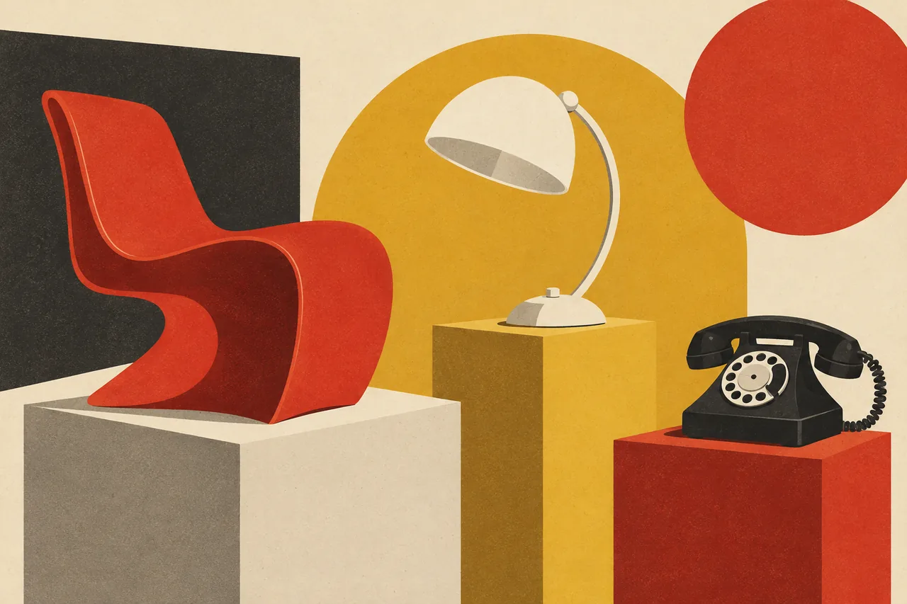 Conceptual screenprint of a red chair, cream lamp and black telephone on colourful plinths, illustrating everyday design rather than an actual Triennale display.
