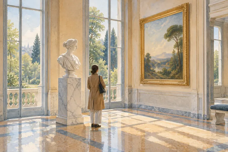 Watercolour editorial illustration of a visitor beside a white bust and an invented landscape painting in a sunlit neoclassical gallery; not an actual GAM room or artwork.