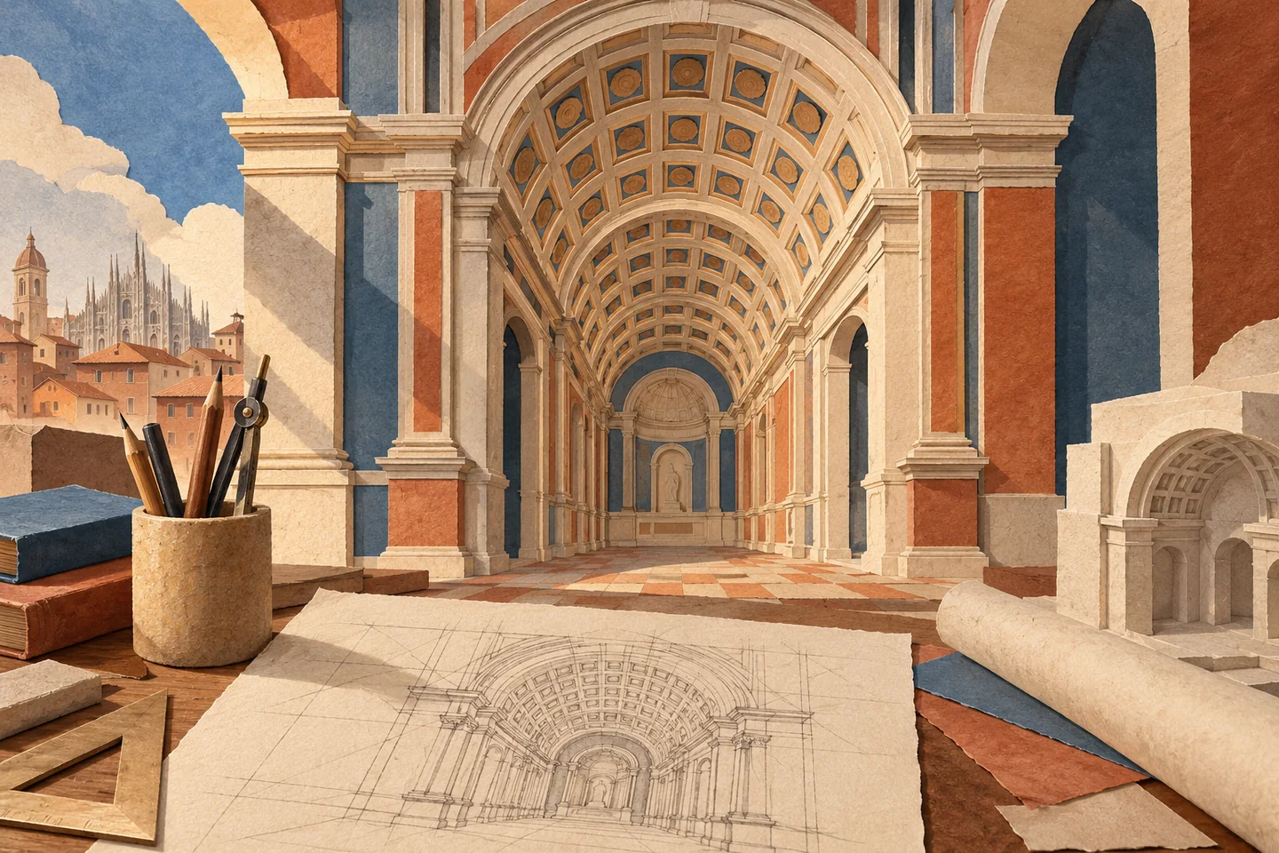 Conceptual cut-paper illustration of an imagined coffered arch and an architectural perspective sketch, exploring the idea behind San Satiro without reconstructing the church.