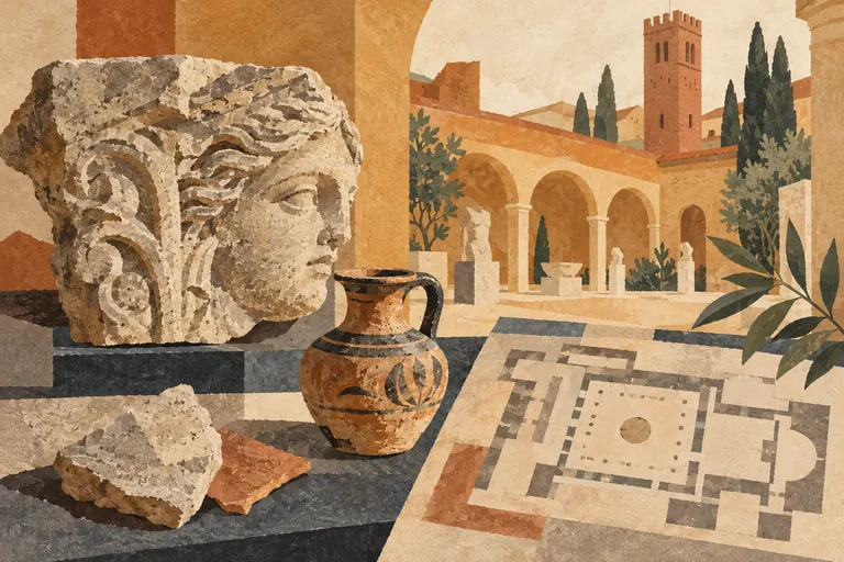 Conceptual gouache illustration of a stone fragment, ceramic vessel and floor-plan shapes before an imagined courtyard and tower; not a reconstruction of the museum.