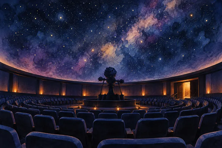 Watercolour illustration of empty curved auditorium seats and a projector beneath an imagined starry dome, evoking a planetarium without depicting the actual Milan venue.