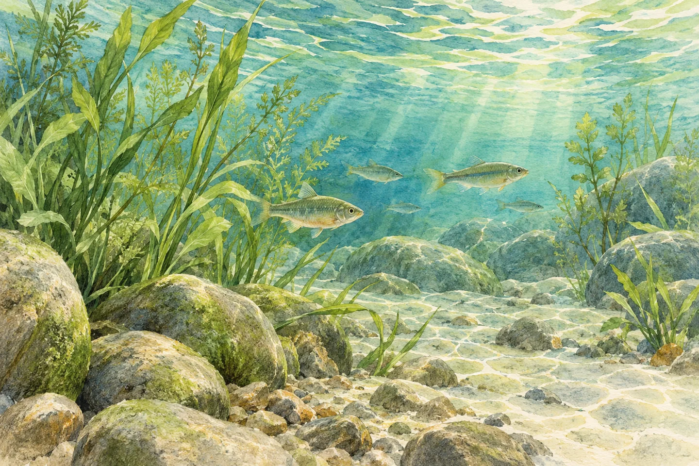Watercolour nature illustration of small fish, aquatic plants and rounded stones in an imagined freshwater habitat, not a photograph or species guide to a Milan aquarium tank.