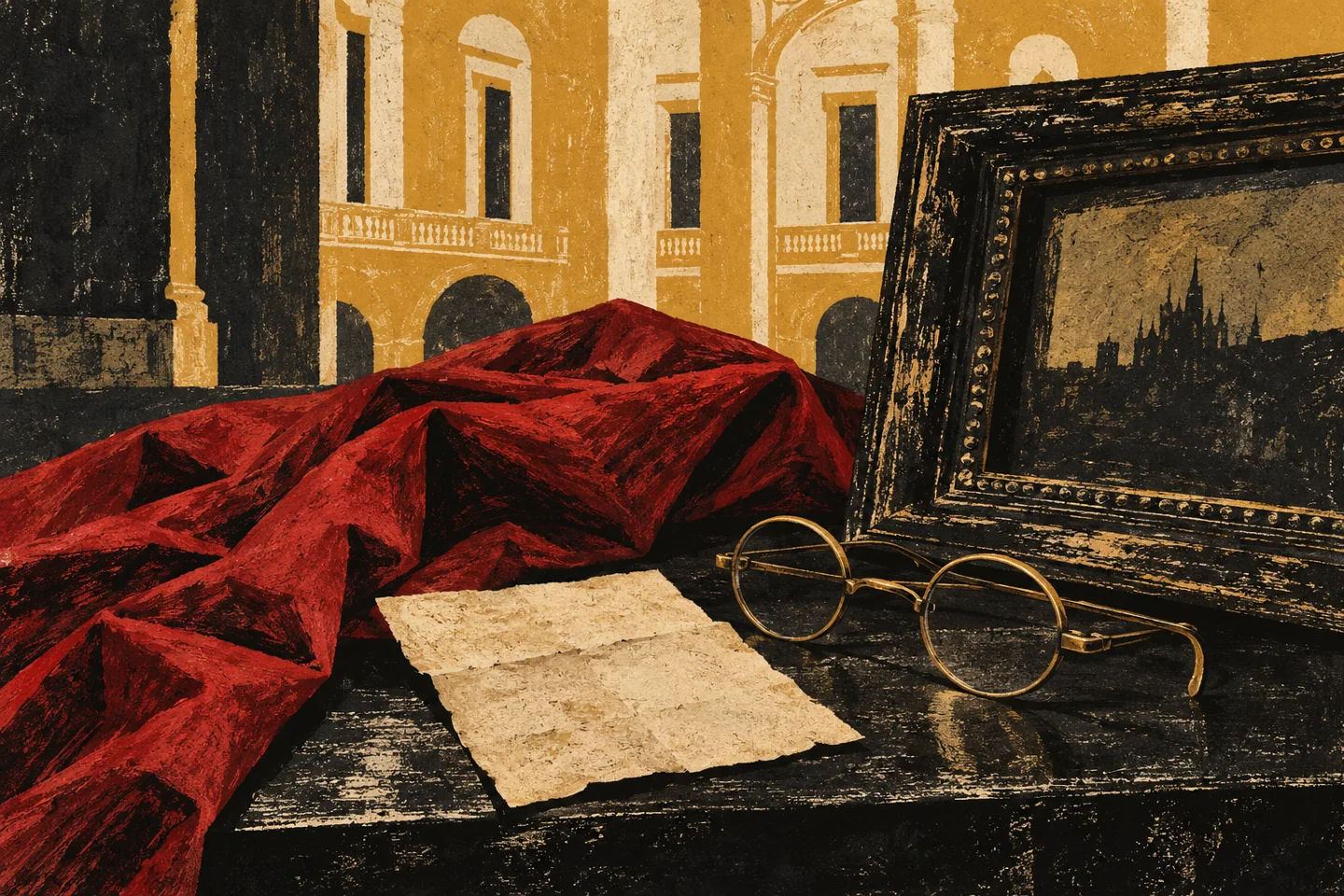 Conceptual linocut-style illustration of red cloth, a blank document, spectacles and a framed city silhouette; no object is presented as an actual museum exhibit.