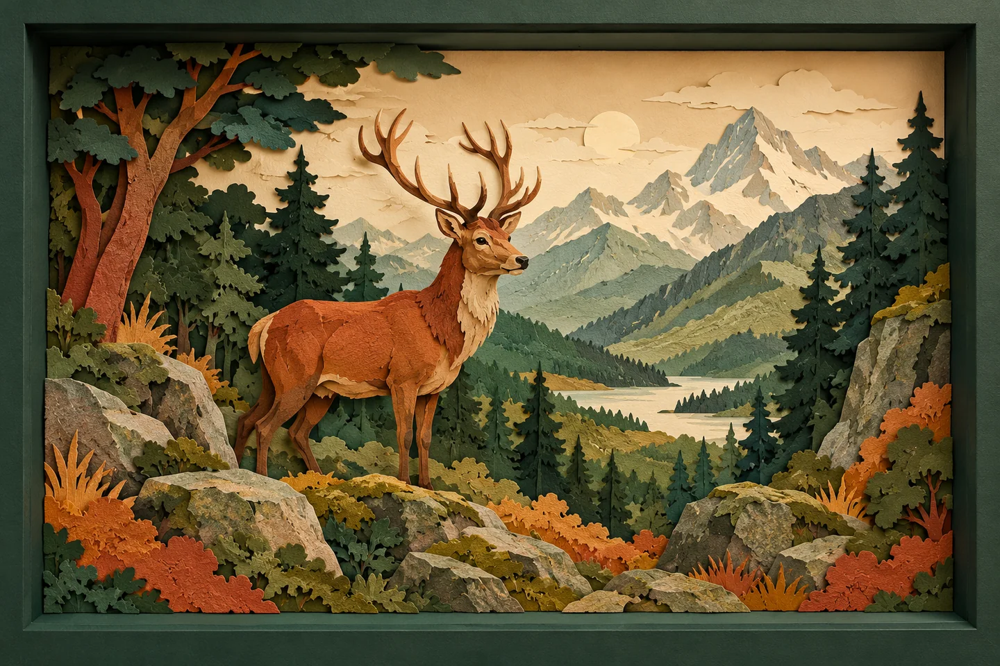Layered paper-cut illustration of a deer, woodland and distant mountains inside an imagined display frame; not a photograph or replica of a Milan museum diorama.