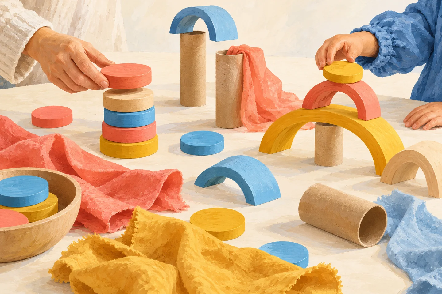 Gouache illustration of adult and child hands arranging coloured wooden shapes, cardboard tubes and fabric; a conceptual play scene, not a MUBA activity photograph.