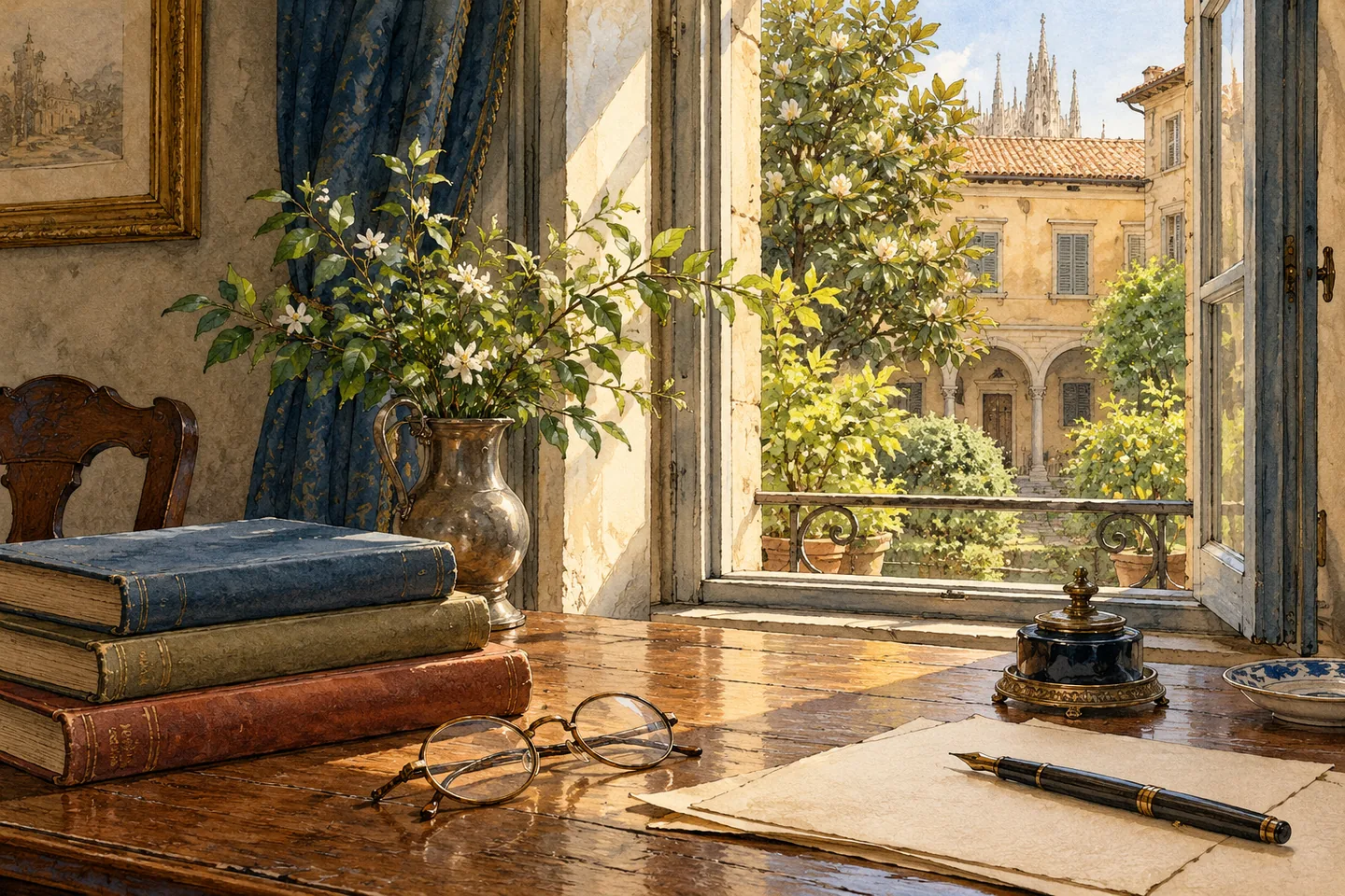 Watercolour illustration of unlettered books, spectacles and a pen beside an imagined Milanese garden window; not Manzoni’s actual study or possessions.