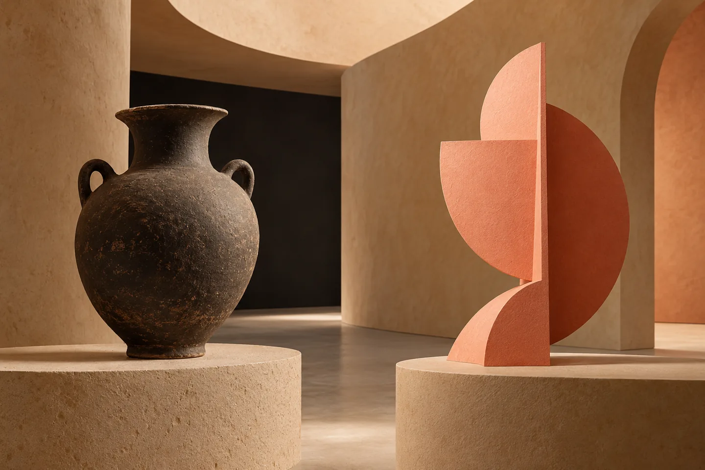Conceptual sculptural illustration of a dark ancient-inspired vessel beside a coral geometric form in an imagined gallery; neither object reproduces a museum exhibit.